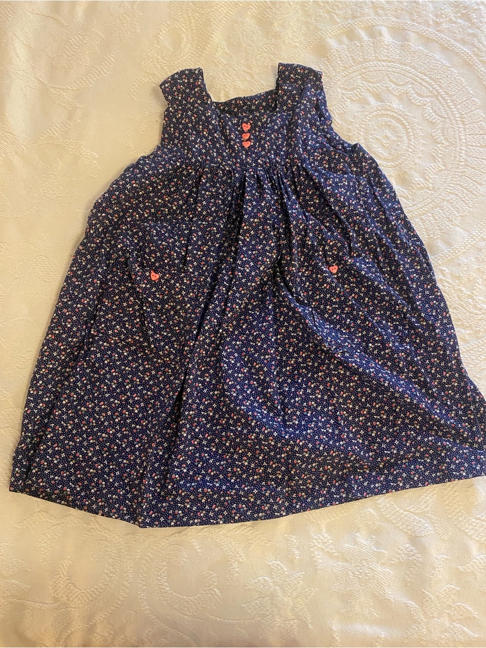 Vintage Handmade Floral Sleeveless Girls Dress with Heart Buttons